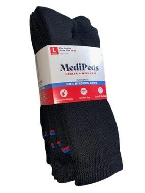 MediPeds 6 Pair Women's Cushioned Non-Binding Black Crew Socks, Shoe Size 10-13